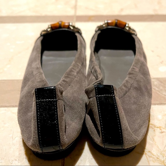 Gucci Grey Suede, Patent And Leather Bamboo Horsebit Ballet Flats - Picture 2 of 5
